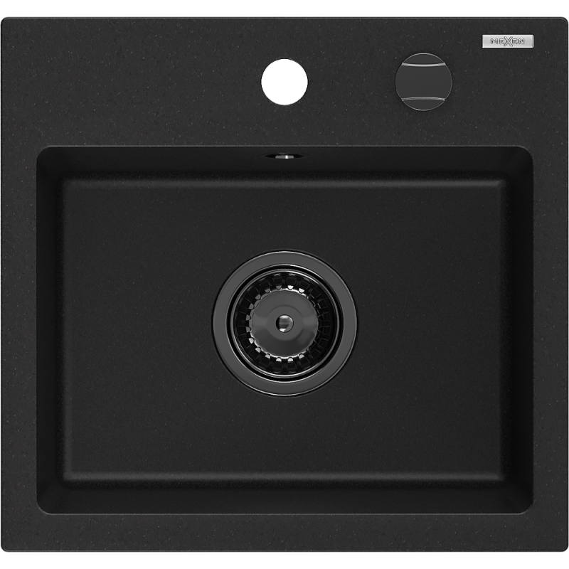 Mexen Milo granitový dřez 1-komorový 435 x 410 mm, černý, sifon černý - 6505441000-77-B
