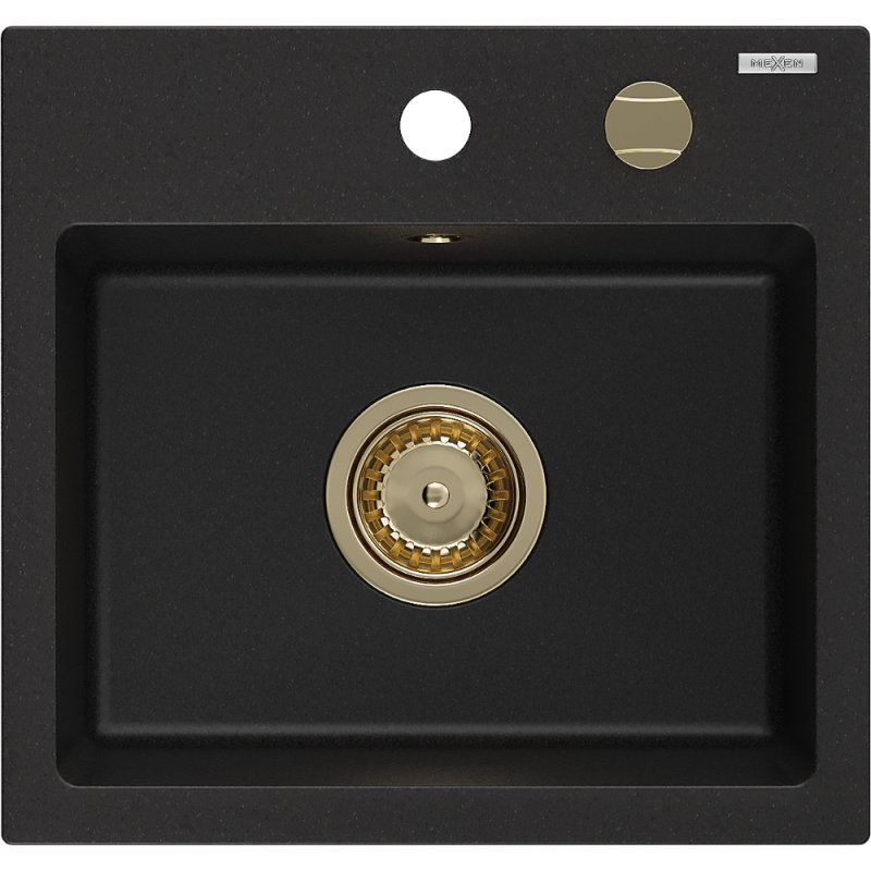Mexen Milo granitový dřez 1-komorový 435 x 410 mm, černý, sifon zlatý - 6505441000-77-G