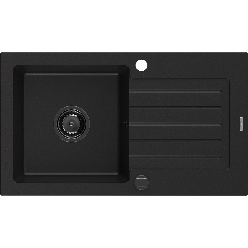 Mexen Pablo jednorázový granitový dřez s odkapávačem 752 x 436 mm, černý, černý sifon - 6510751010-77-B