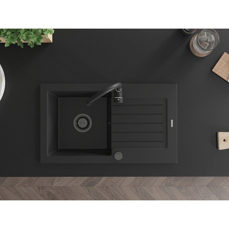 Mexen Pablo jednorázový granitový dřez s odkapávačem 752 x 436 mm, černý, černý sifon - 6510751010-77-B
