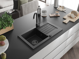 Mexen Pablo jednorázový granitový dřez s odkapávačem 752 x 436 mm, černý, černý sifon - 6510751010-77-B