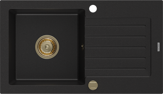 Mexen Pablo žulový kuchyňský dřez 1-komorový s odkapávačem 752 x 436 mm, černý, zlatý sifon - 6510751010-77-G