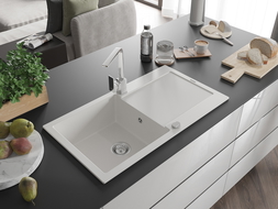 Mexen Leo granitový dřez 1-komorový s odkapávačem a kuchyňskou baterií Rita, bílý - 6501-20-670300-00