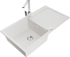 Mexen Leo granitový dřez 1-komorový s odkapávačem a kuchyňskou baterií Rita, bílý - 6501-20-670300-00