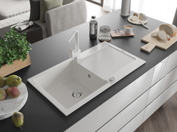 Mexen Leo granitový dřez 1-komorový s odkapávačem a kuchyňskou baterií Rita, bílý - 6501-20-670300-20