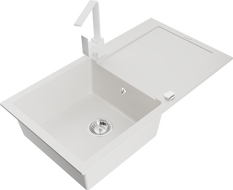 Mexen Leo granitový dřez 1-komorový s odkapávačem a kuchyňskou baterií Rita, bílý - 6501-20-670300-20