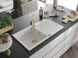 Mexen Leo granitový dřez 1-komorový s odkapávačem a kuchyňskou baterií Rita, bílý - 6501-20-670300-50