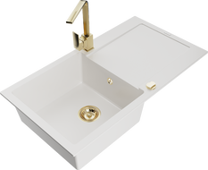 Mexen Leo granitový dřez 1-komorový s odkapávačem a kuchyňskou baterií Rita, bílý - 6501-20-670300-50