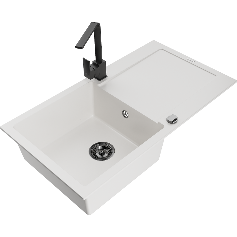 Mexen Leo granitový dřez 1-komorový s odkapávačem a kuchyňskou baterií Rita, bílý - 6501-20-670300-70