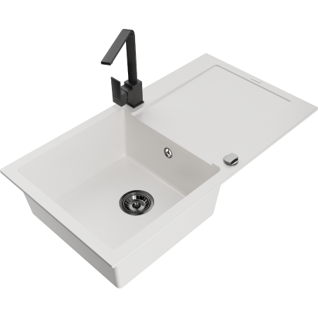 Mexen Leo granitový dřez 1-komorový s odkapávačem a kuchyňskou baterií Rita, bílý - 6501-20-670300-70