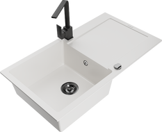 Mexen Leo granitový dřez 1-komorový s odkapávačem a kuchyňskou baterií Rita, bílý - 6501-20-670300-70