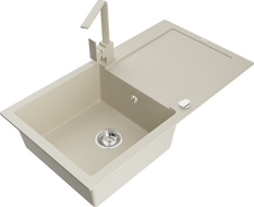 Mexen Leo granitový dřez 1-komorový s odkapávačem a kuchyňskou baterií Rita, béžový - 6501-69-670300-69