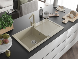 Mexen Leo granitový dřez 1-komorový s odkapávačem a kuchyňskou baterií Rita, béžový - 6501-69-670300-69