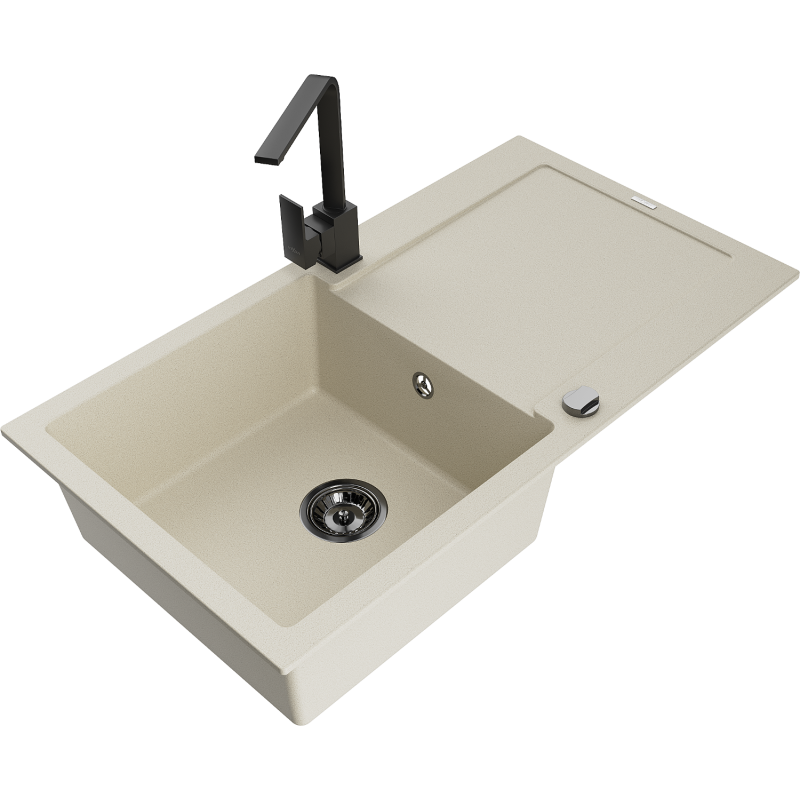 Mexen Leo granitový dřez 1-komorový s odkapávačem a kuchyňskou baterií Rita, béžový - 6501-69-670300-70