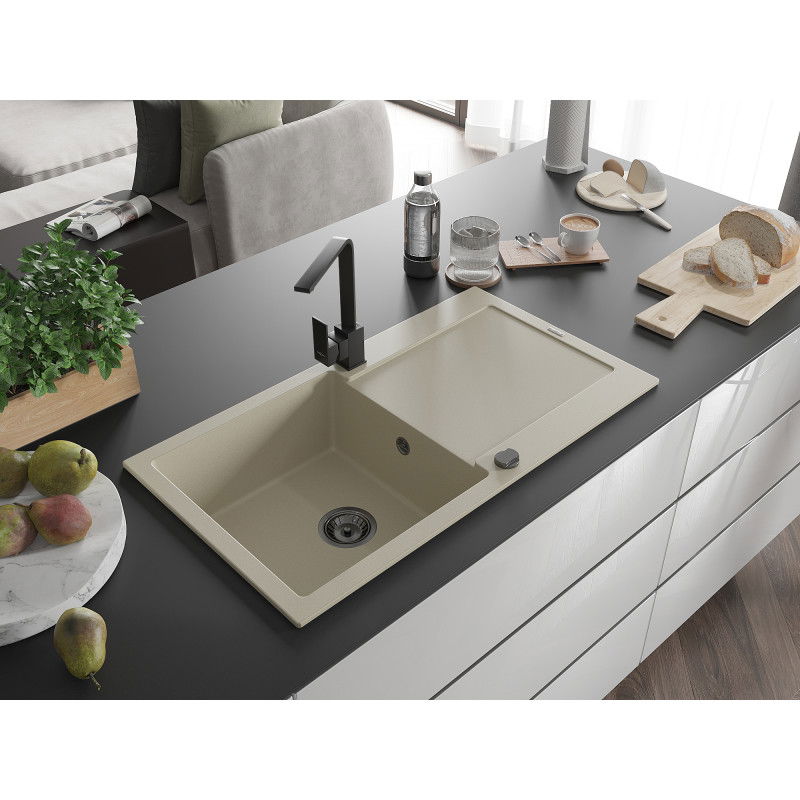 Mexen Leo granitový dřez 1-komorový s odkapávačem a kuchyňskou baterií Rita, béžový - 6501-69-670300-70