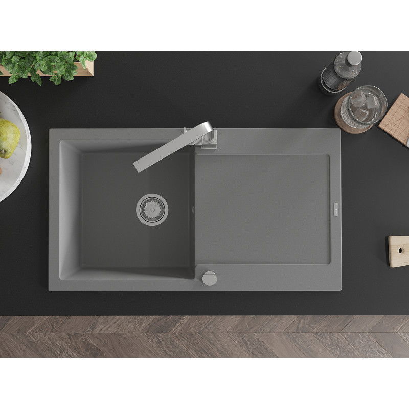 Mexen Leo granitový dřez 1-komorový s odkapávačem a kuchyňskou baterií Rita, šedý - 6501-71-670300-00