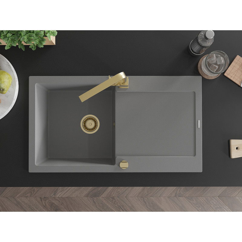 Mexen Leo granitový dřez 1-komorový s odkapávačem a kuchyňskou baterií Rita, šedý - 6501-71-670300-50