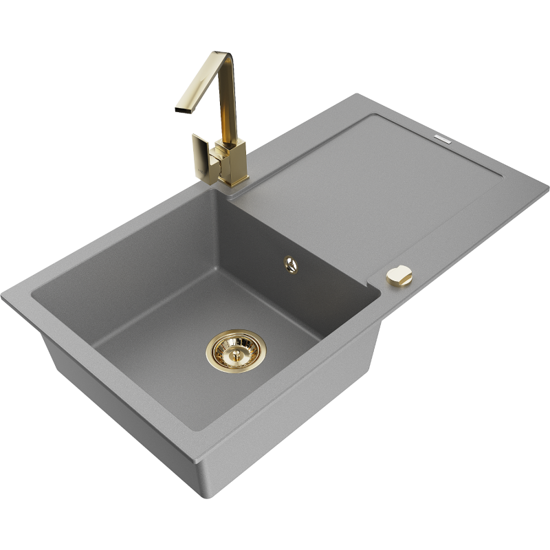 Mexen Leo granitový dřez 1-komorový s odkapávačem a kuchyňskou baterií Rita, šedý - 6501-71-670300-50