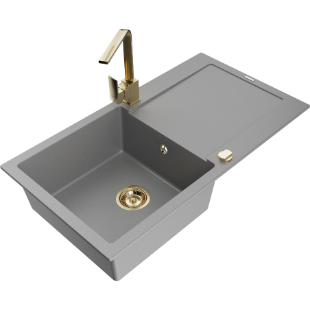 Mexen Leo granitový dřez 1-komorový s odkapávačem a kuchyňskou baterií Rita, šedý - 6501-71-670300-50