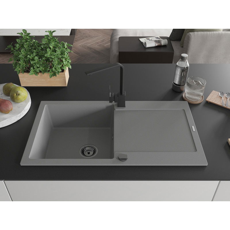 Mexen Leo granitový dřez s jednou komorou a odkapávačem a kuchyňská baterie Rita, šedá - 6501-71-670300-70-B