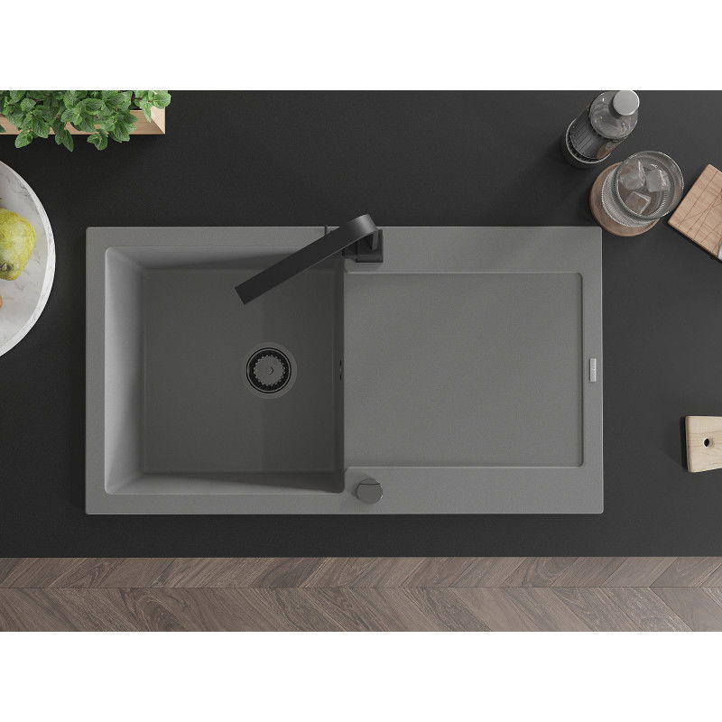 Mexen Leo granitový dřez s jednou komorou a odkapávačem a kuchyňská baterie Rita, šedá - 6501-71-670300-70-B