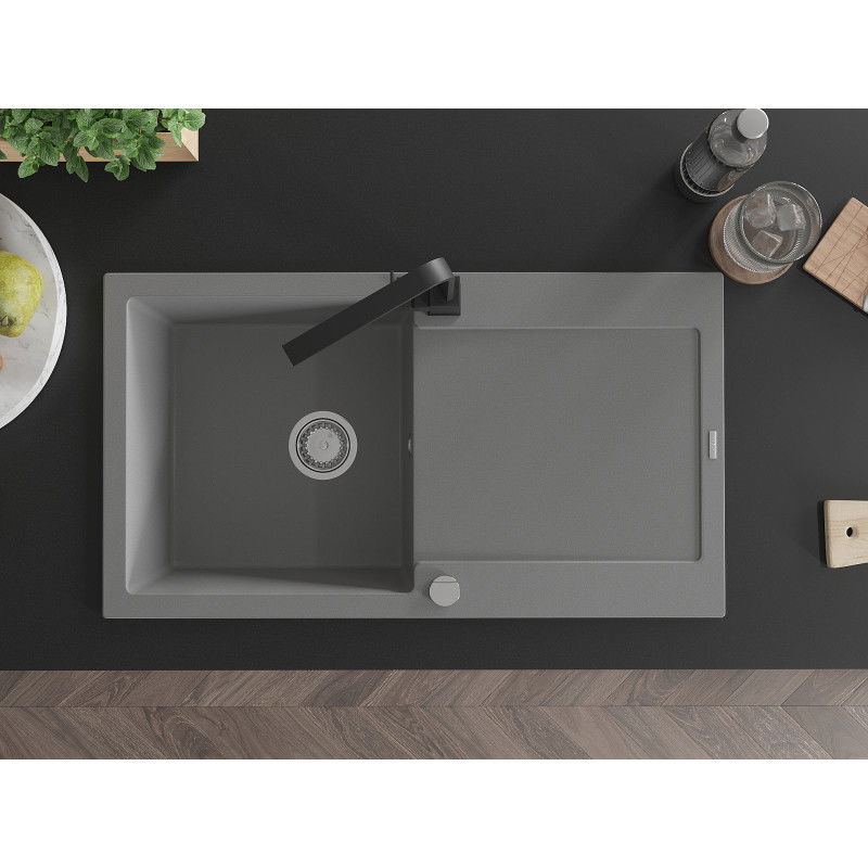 Mexen Leo granitový dřez jednokomorový s odkapávačem a kuchyňskou baterií Rita, šedý - 6501-71-670300-70