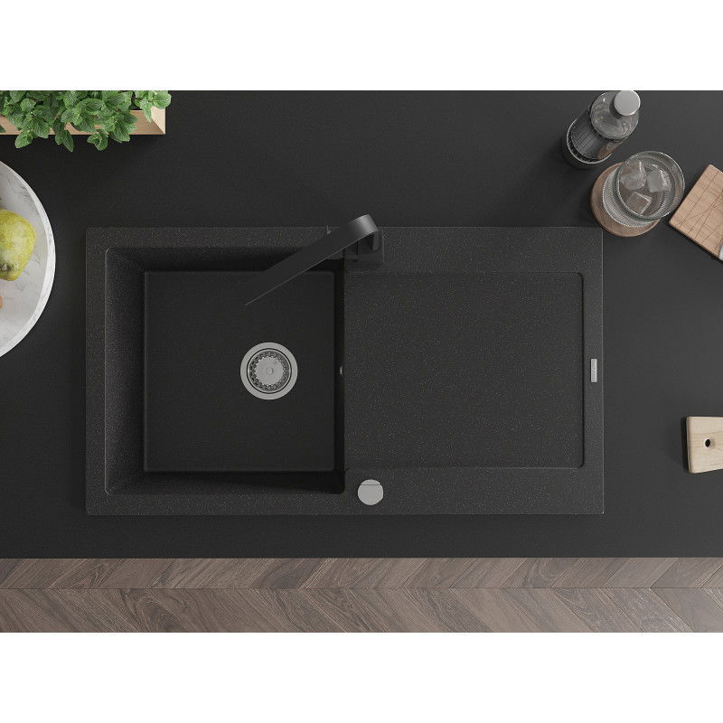 Mexen Leo granitový dřez 1-komorový s odkapávačem a kuchyňskou baterií Rita, černý/stříbrný metalík - 6501-73-670300-70