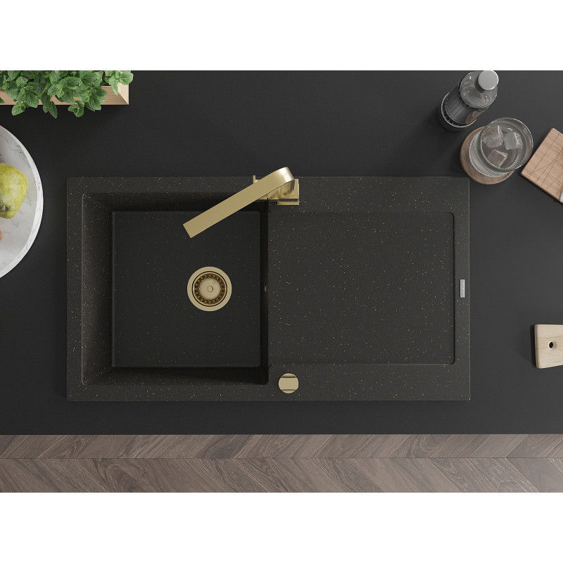 Mexen Leo žulový dřez 1-komorový s odkapávačem a kuchyňskou baterií Rita, černý/zlatý metalik - 6501-75-670300-50