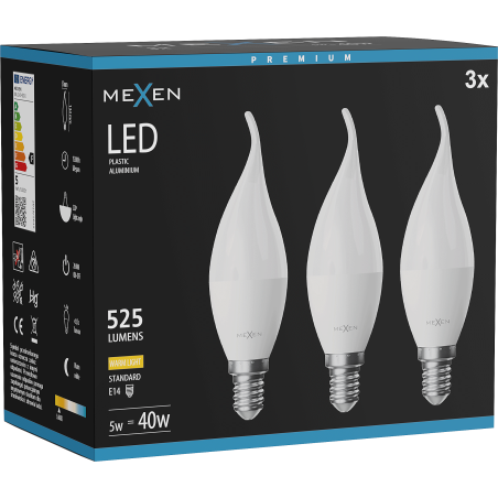 Mexen Nova 3x LED žárovka plamen E14, C37, 5W, Teplá - 3000K, 525 lm - L106-E14-0530-01x03