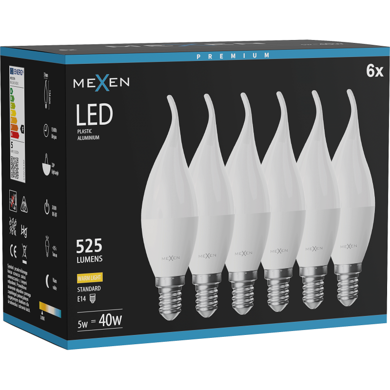 Mexen Nova 6x LED žárovka plamen E14, C37, 5W, Teplá - 3000K, 525 lm - L106-E14-0530-01x06