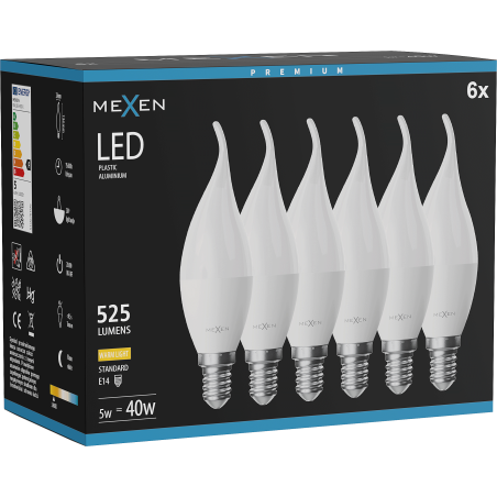Mexen Nova 6x LED žárovka plamen E14, C37, 5W, Teplá - 3000K, 525 lm - L106-E14-0530-01x06