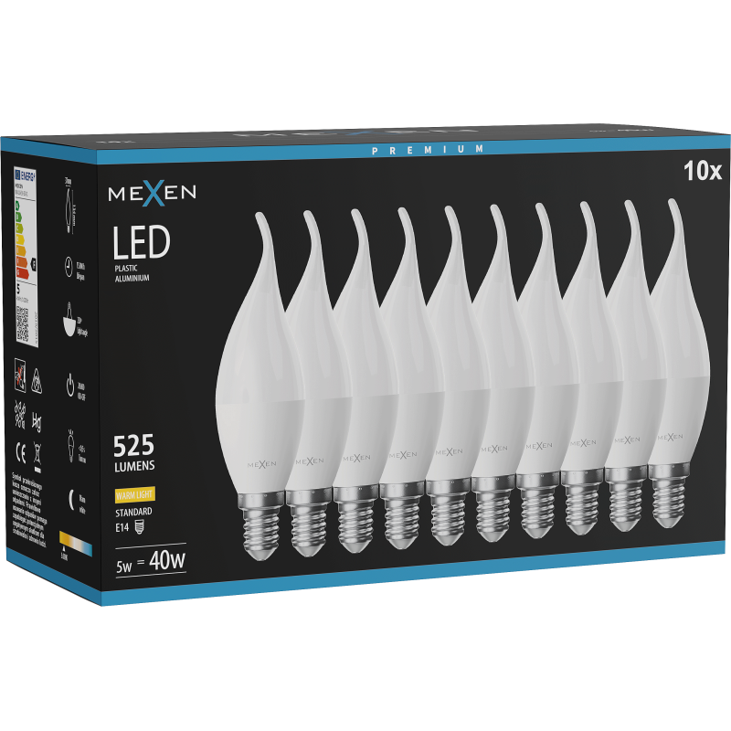 Mexen Nova 10x LED žárovka plamen E14, C37, 5W, Teplá - 3000K, 525 lm - L106-E14-0530-01x10