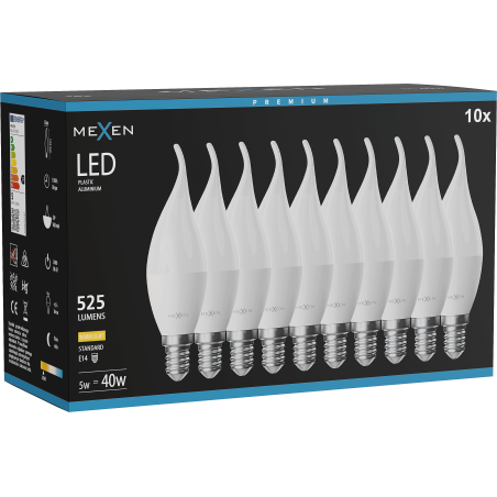 Mexen Nova 10x LED žárovka plamen E14, C37, 5W, Teplá - 3000K, 525 lm - L106-E14-0530-01x10