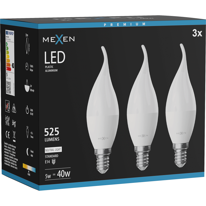 Mexen Nova 3x LED žárovka plamen E14, C37, 5W, Neutrální - 4000K, 525 lm - L106-E14-0540-01x03