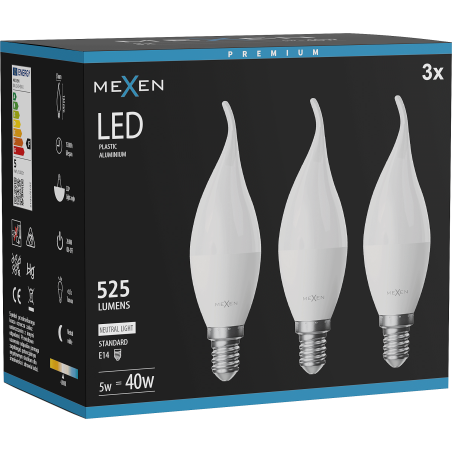 Mexen Nova 3x LED žárovka plamen E14, C37, 5W, Neutrální - 4000K, 525 lm - L106-E14-0540-01x03