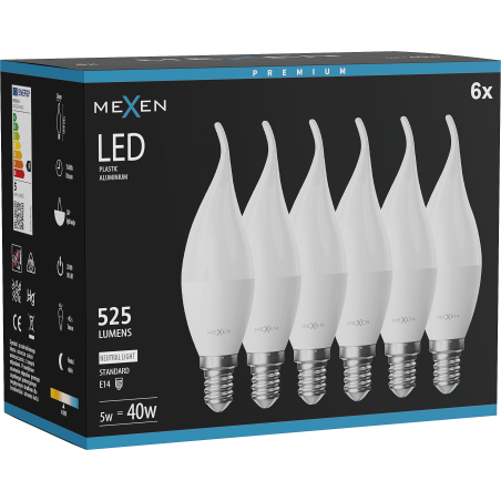 Mexen Nova 6x LED žárovka plamínek E14, C37, 5W, Neutrální - 4000K, 525 lm - L106-E14-0540-01x06