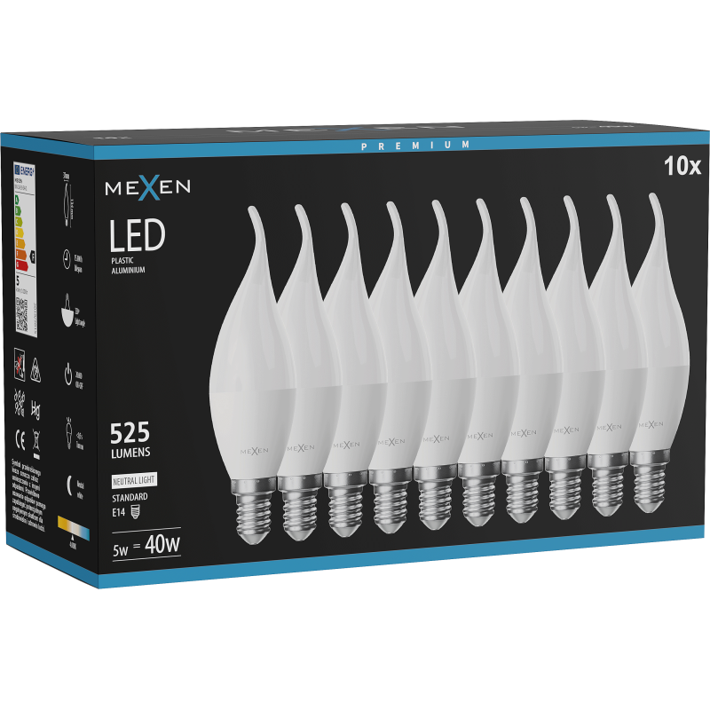 Mexen Nova 10x LED žárovka plamínek E14, C37, 5W, Neutrální - 4000K, 525 lm - L106-E14-0540-01x10