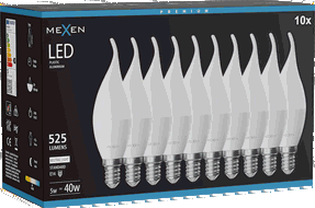 Mexen Nova 10x LED žárovka plamínek E14, C37, 5W, Neutrální - 4000K, 525 lm - L106-E14-0540-01x10