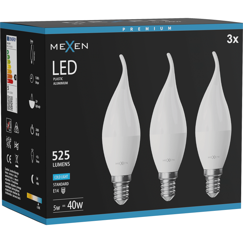 Mexen Nova 3x LED žárovka plamínek E14, C37, 5W, Studená - 6500K, 525 lm - L106-E14-0565-01x03