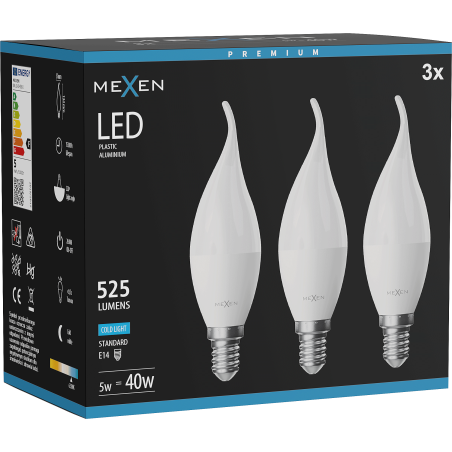 Mexen Nova 3x LED žárovka plamínek E14, C37, 5W, Studená - 6500K, 525 lm - L106-E14-0565-01x03