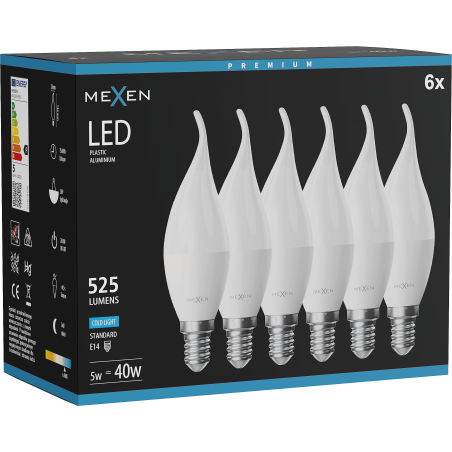 Mexen Nova 6x LED žárovka plamen E14, C37, 5W, Studená - 6500K, 525 lm - L106-E14-0565-01x06