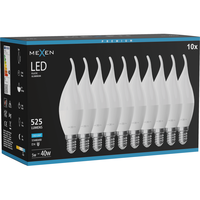 Mexen Nova 10x LED žárovka plamen E14, C37, 5W, Studená - 6500K, 525 lm - L106-E14-0565-01x10