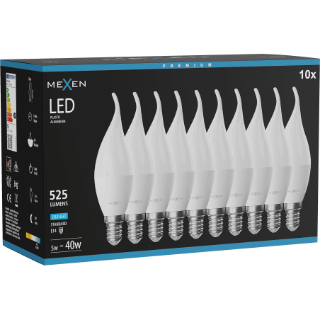 Mexen Nova 10x LED žárovka plamen E14, C37, 5W, Studená - 6500K, 525 lm - L106-E14-0565-01x10