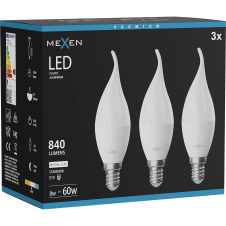 Mexen Nova 3x LED žárovka plamen E14, C37, 8W, Neutrální - 4000K, 840 lm - L106-E14-0840-01x03
