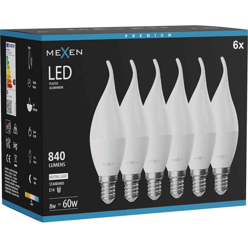 Mexen Nova 6x LED žárovka plamen E14, C37, 8W, Neutrální - 4000K, 840 lm - L106-E14-0840-01x06