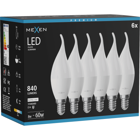 Mexen Nova 6x LED žárovka plamen E14, C37, 8W, Neutrální - 4000K, 840 lm - L106-E14-0840-01x06