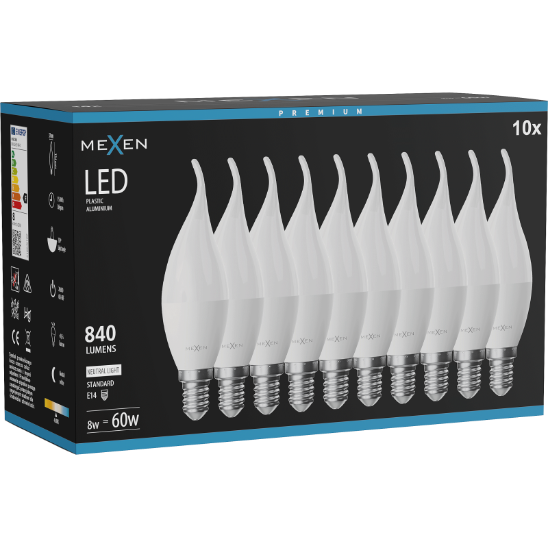 Mexen Nova 10x LED žárovka plamen E14, C37, 8W, Neutrální - 4000K, 840 lm - L106-E14-0840-01x10