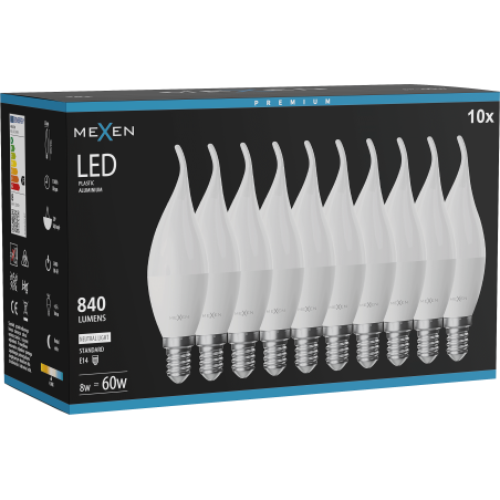 Mexen Nova 10x LED žárovka plamen E14, C37, 8W, Neutrální - 4000K, 840 lm - L106-E14-0840-01x10