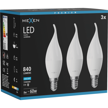 Mexen Nova 3x LED žárovka plamen E14, C37, 8W, Studená - 6500K, 840 lm - L106-E14-0865-01x03