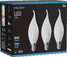Mexen Nova 3x LED žárovka plamen E14, C37, 8W, Studená - 6500K, 840 lm - L106-E14-0865-01x03